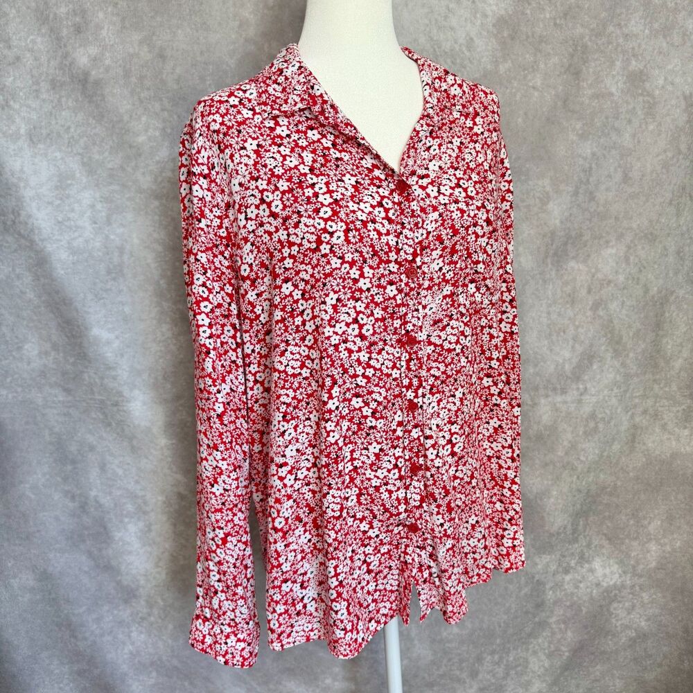 Beach Lunch Lounge button down top womens XL red floral long sleeve cottagecore